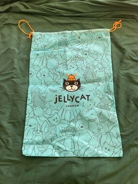 Jellycat Aqua Drawstring Toy Bag with Orange Cord and Cat Logo